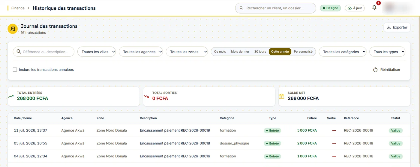 Journal des transactions avec reçus numérotés